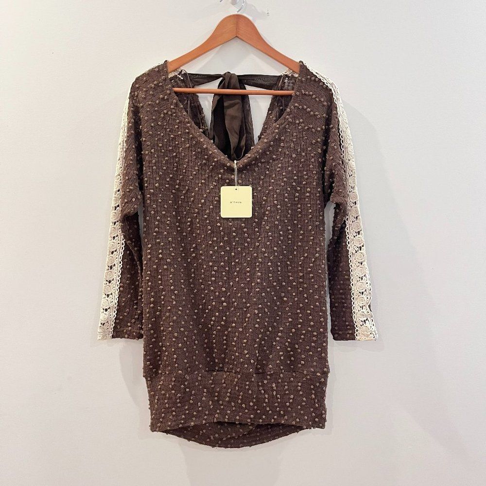 NWT Areve Dotted Tunic Sweater Size Medium Women's Brown Crochet Trim Bow